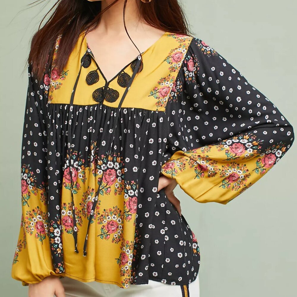 Anthropologie Farm Rio Intarsia Boho Floral Peasant Blouse Black Yellow Small
